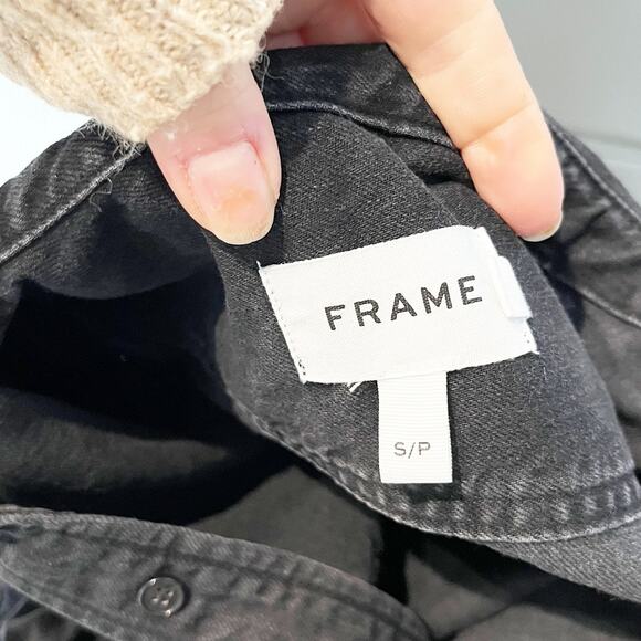 Frame Rosette Puff Elbow Sleeve Collared Denim Button Down Shirt Black Small - Picture 2 of 5